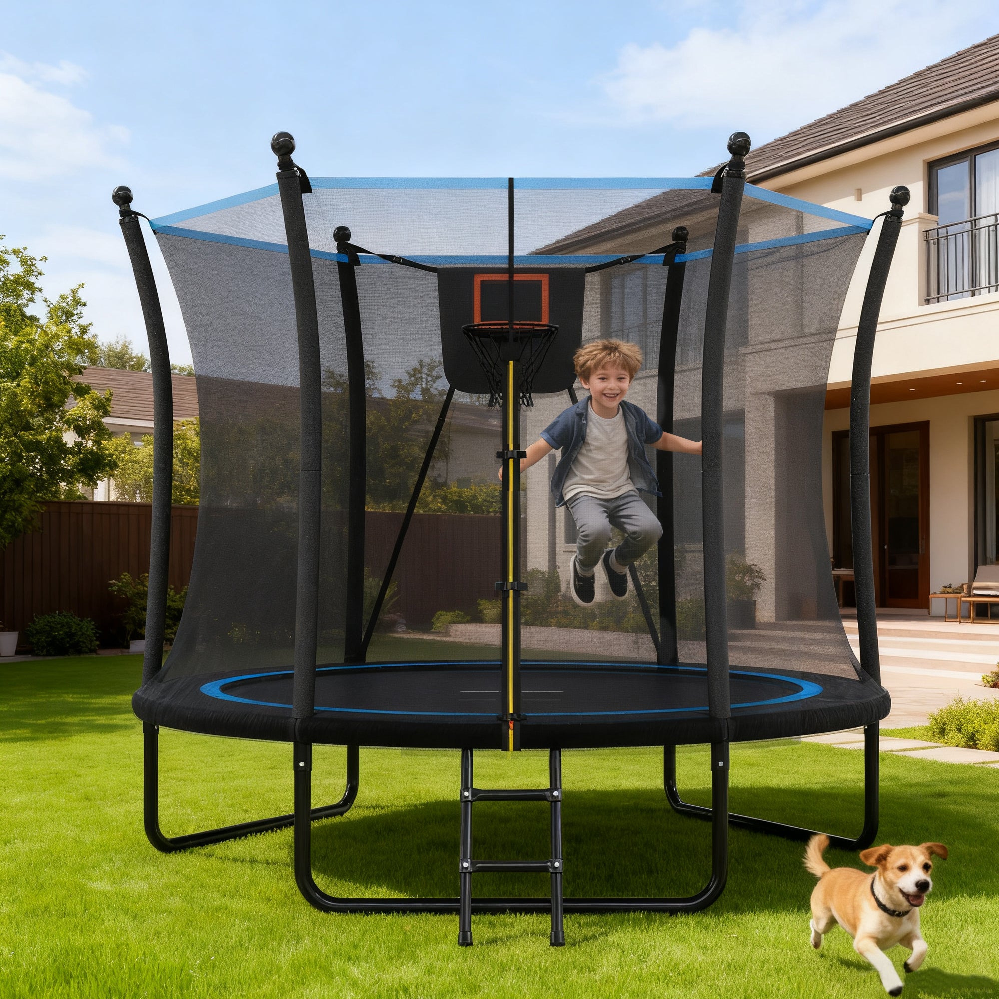 GDFStudio Playcrest 8FT Outdoor Trampoline with Safety Enclosure and Ladder, Black
