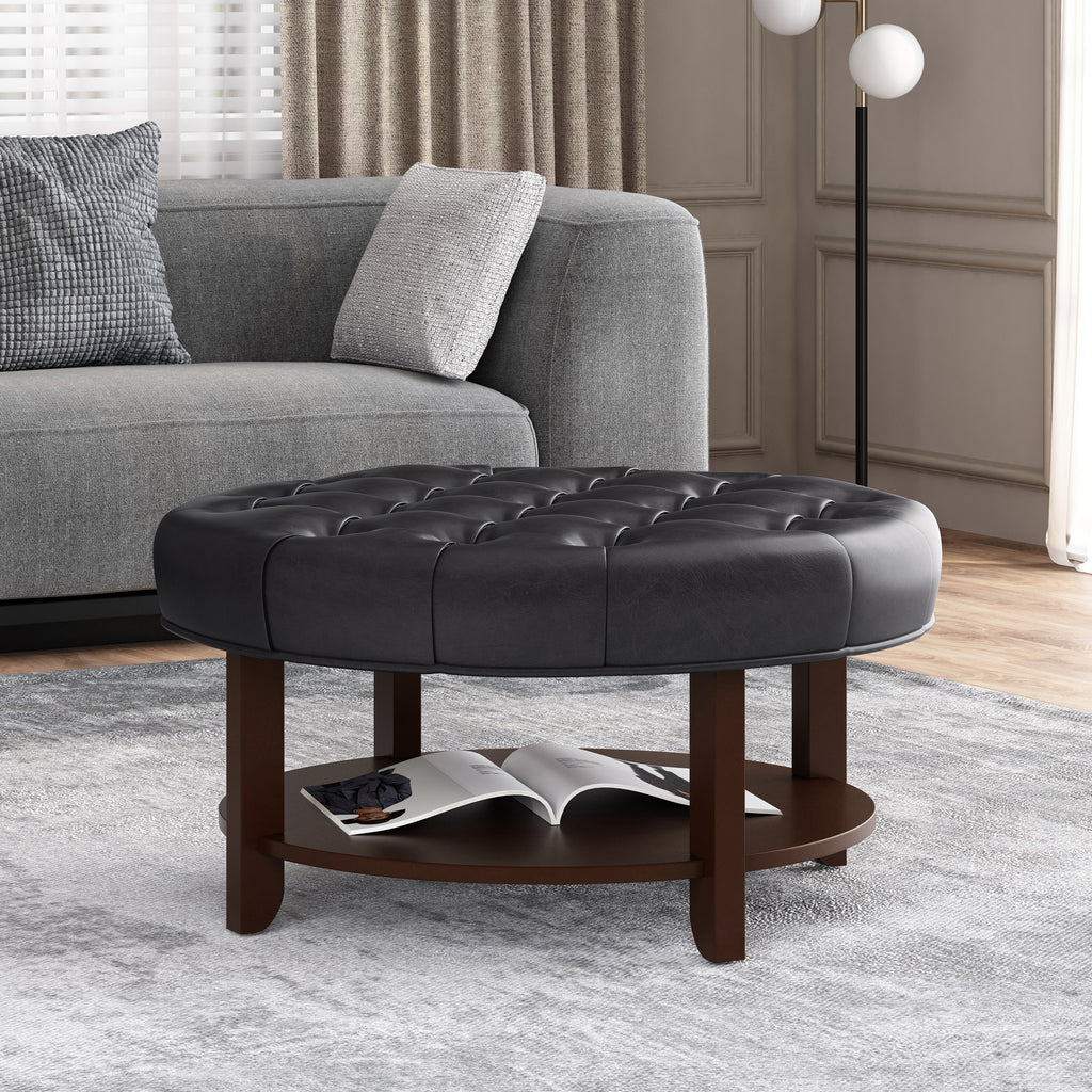 Christopher Knight Home 32" Round Ottoman with Button Tufting & Open Shelf – Modern Coffee Table