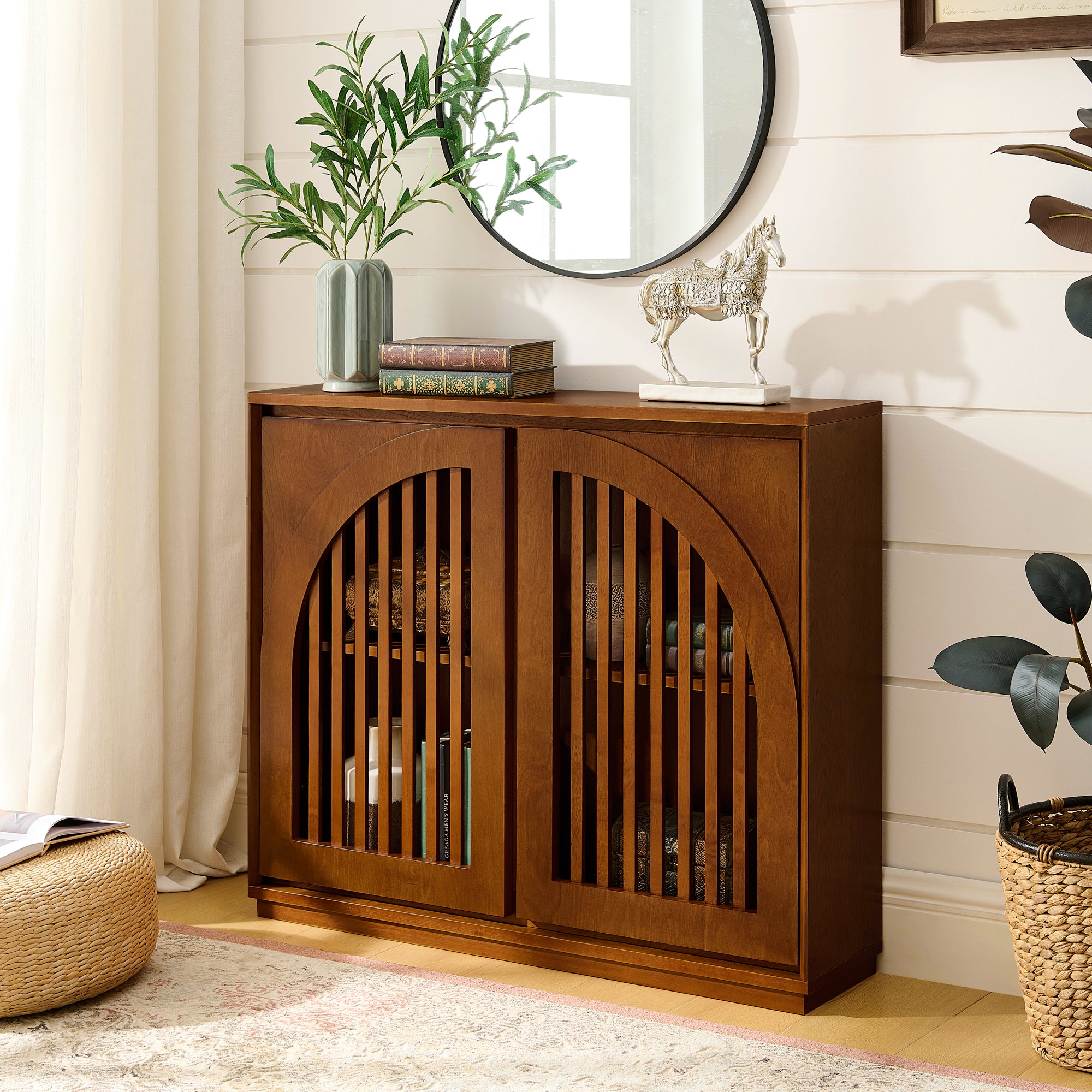 GDFStudio Raleign Mid-Century Modern 39" Wood Storage Cabinet with 2 Outlet Holes, Brown