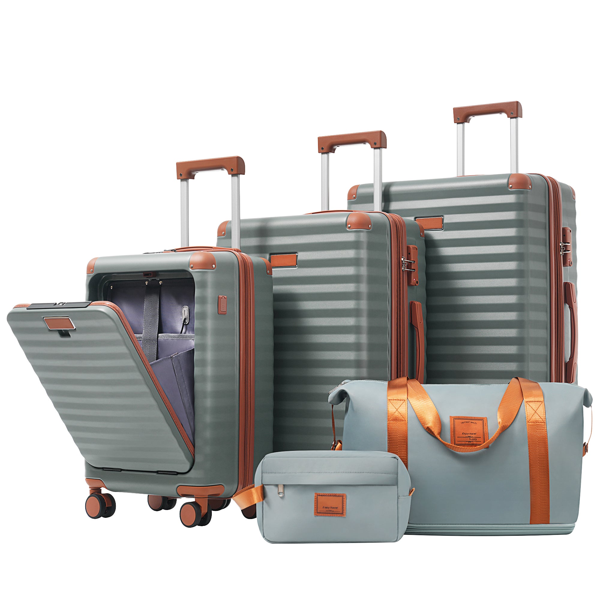 GDFStudio Aditya Modern ABS 5 Piece Luggage Set with Front Opening, USB Port and Cup Holder, Gray
