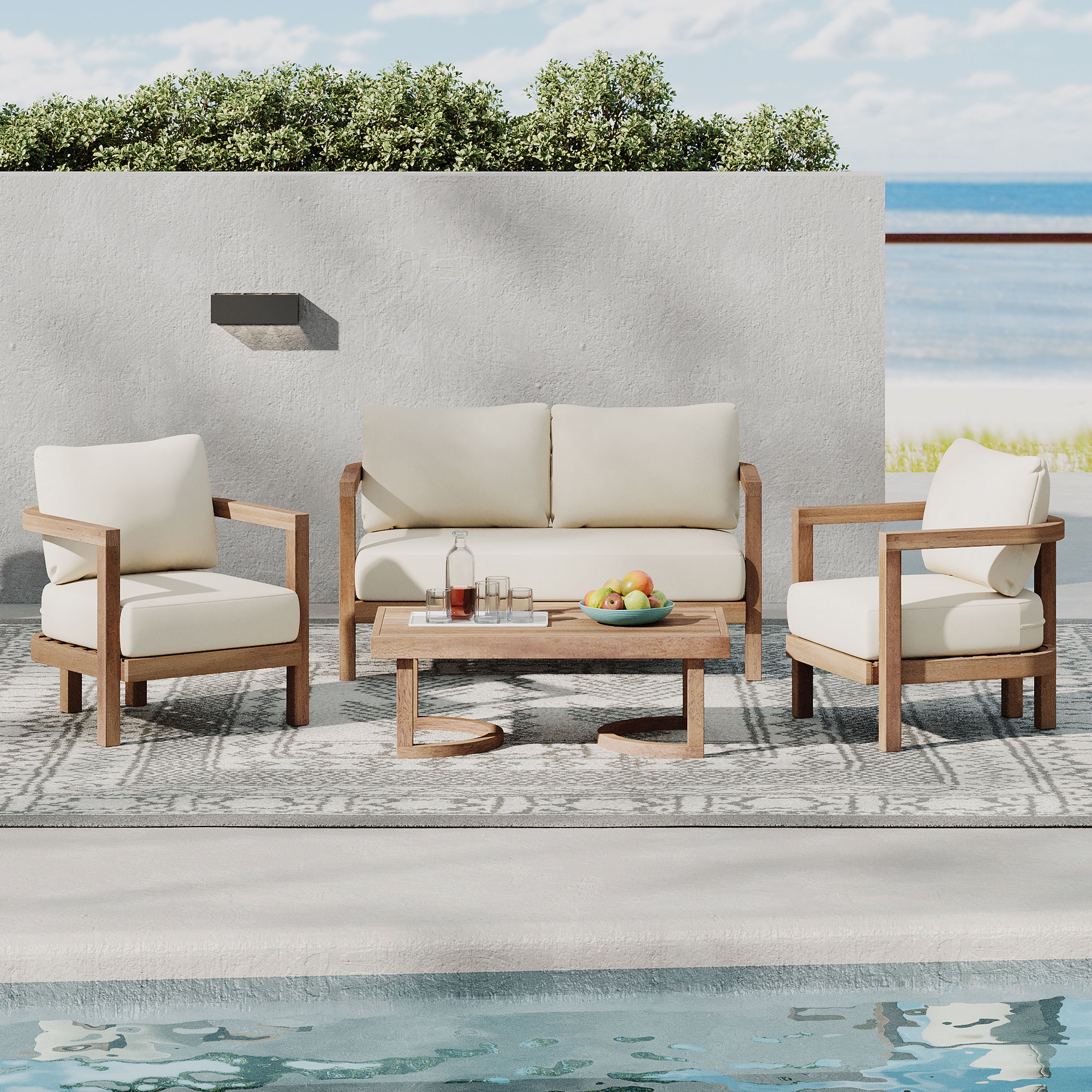 Christopher Knight Home Aston Outdoor Acacia Wood 4 Seater Chat Set with Cushions, Beige/Brown Wash