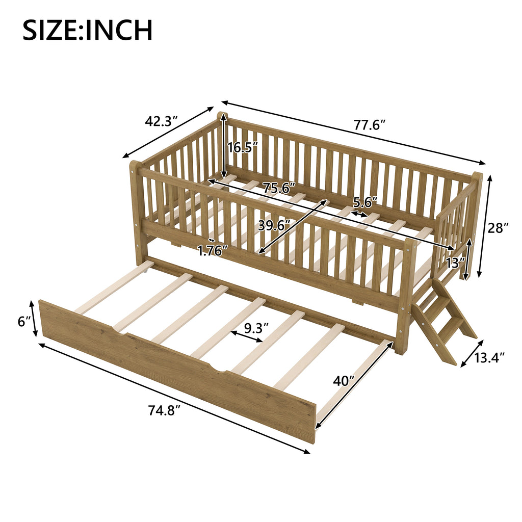 GDF Studio Kids Wooden Platform Bed with Semi-Enclosed Fence & Pull-Out Trundle
