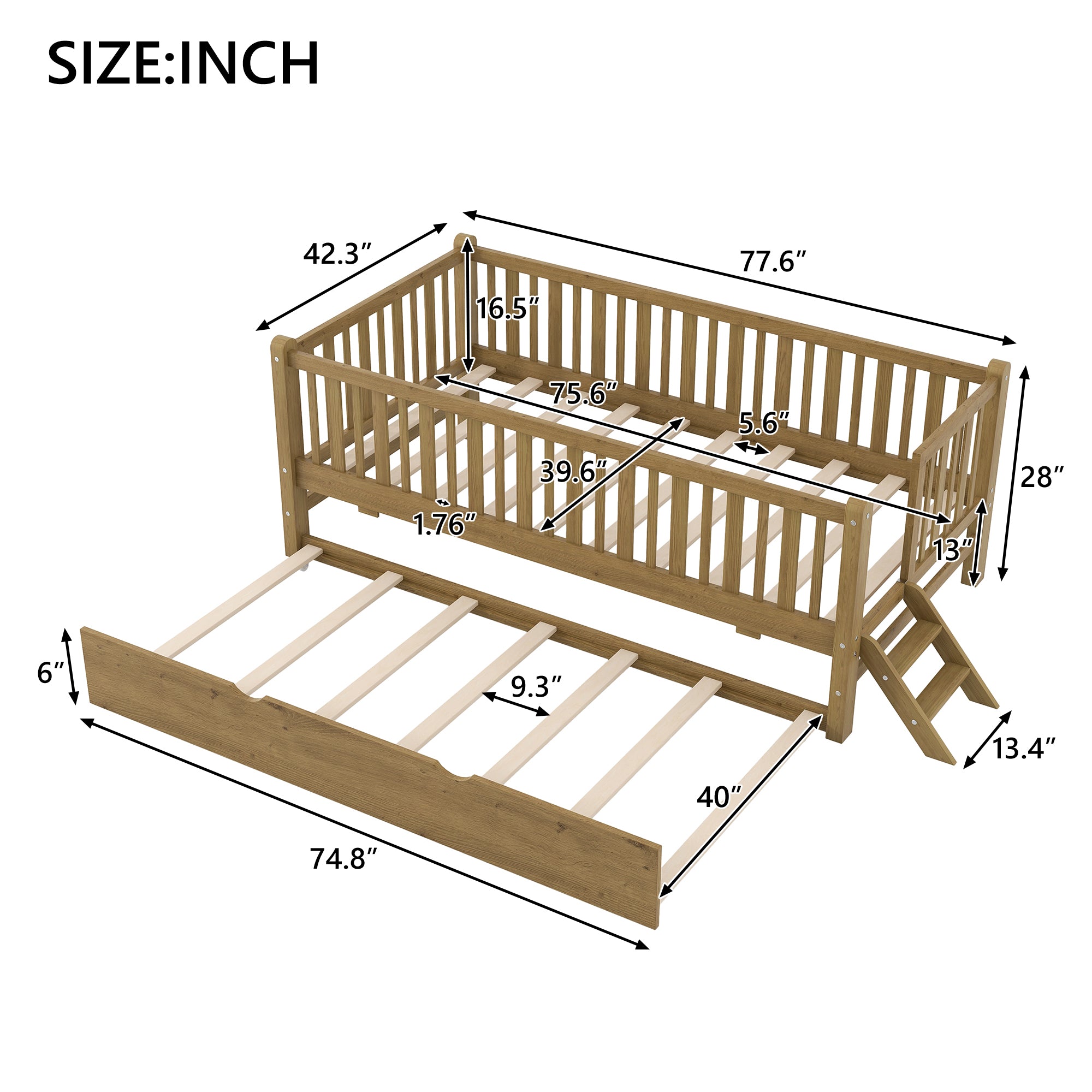 GDF Studio Kids Wooden Platform Bed with Semi-Enclosed Fence & Pull-Out Trundle