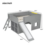 Kids Low Loft Bed with Slide & Storage Shelves, All-in-One Wooden Loft Bed with Underbed Play Fort