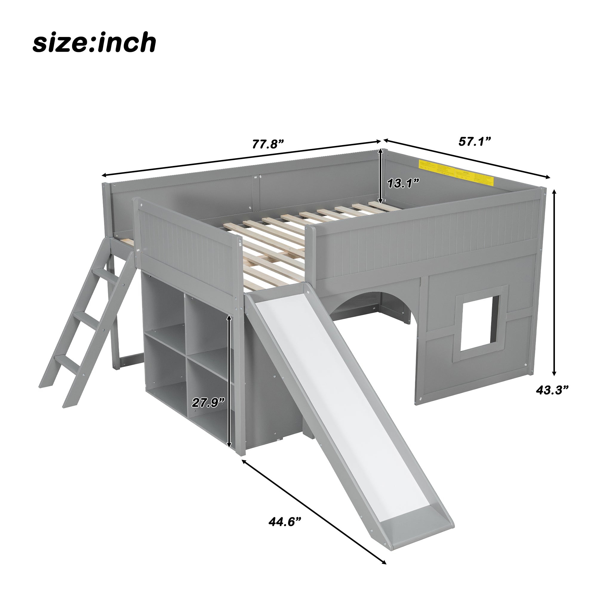 Kids Low Loft Bed with Slide & Storage Shelves, All-in-One Wooden Loft Bed with Underbed Play Fort