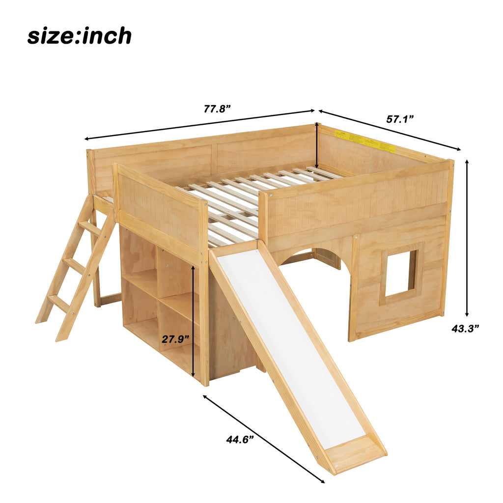 Kids Low Loft Bed with Slide & Storage Shelves, All-in-One Wooden Loft Bed with Underbed Play Fort