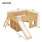 Kids Low Loft Bed with Slide & Storage Shelves, All-in-One Wooden Loft Bed with Underbed Play Fort