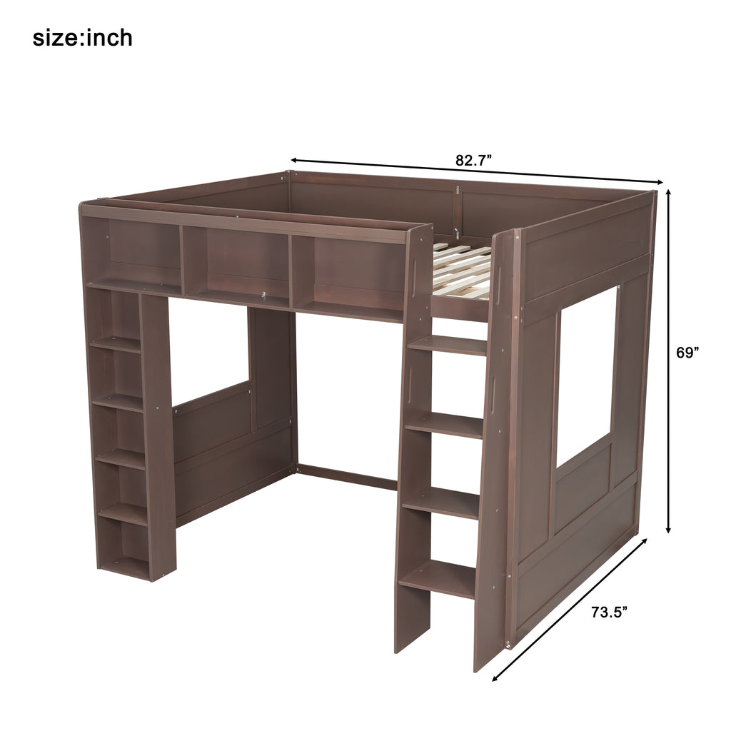 Queen Loft Bed with Storage Cabinets & Bookshelf, Solid Wood Loft Bed with Ladder for Small Bedrooms