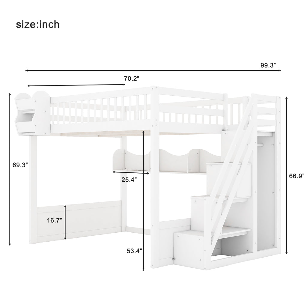 Queen Loft Bed with Wardrobe & Storage Shelves, Solid Wood Loft Bed with Staircase for Bedroom