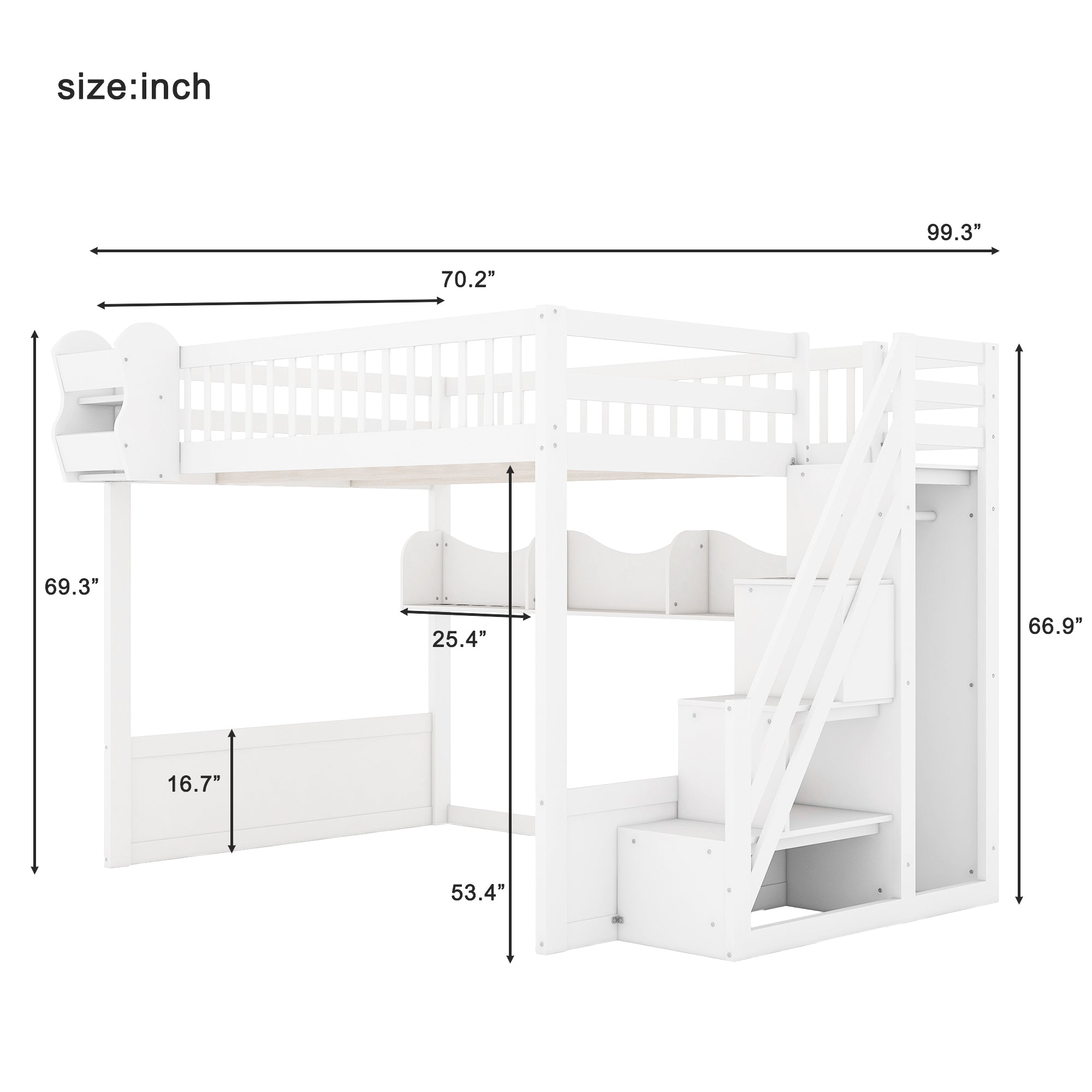 Queen Loft Bed with Wardrobe & Storage Shelves, Solid Wood Loft Bed with Staircase for Bedroom