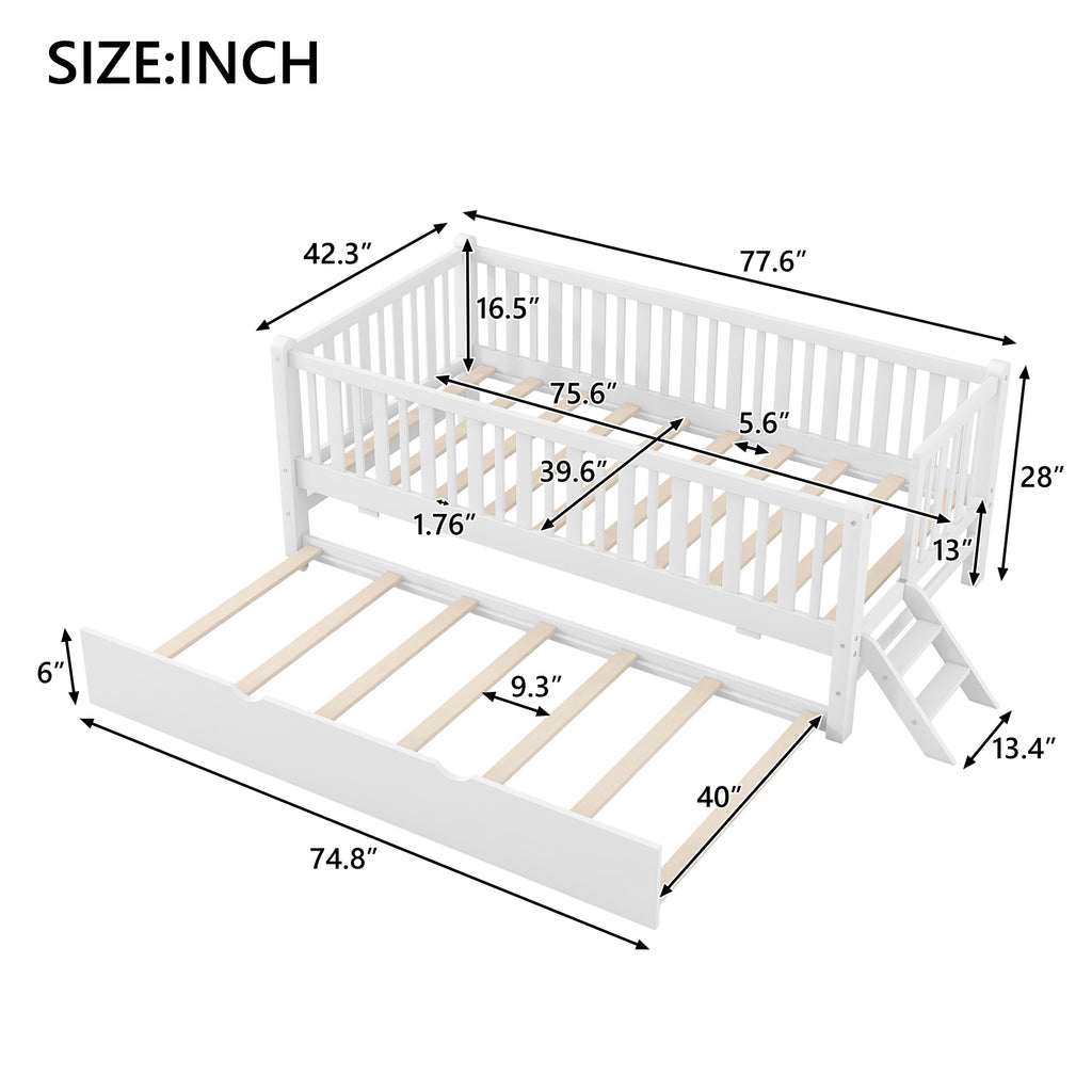 GDF Studio Kids Wooden Platform Bed with Semi-Enclosed Fence & Pull-Out Trundle