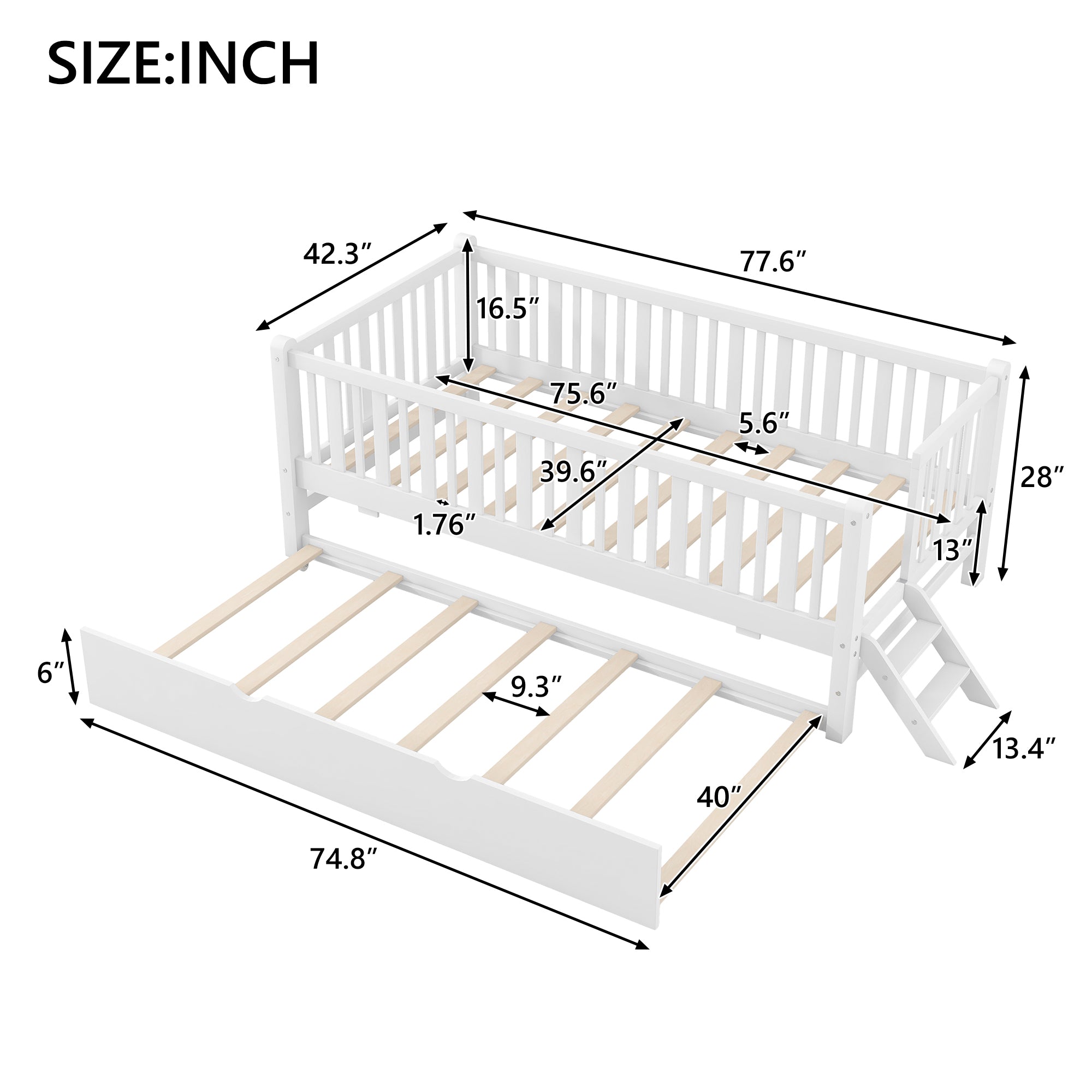 GDF Studio Kids Wooden Platform Bed with Semi-Enclosed Fence & Pull-Out Trundle