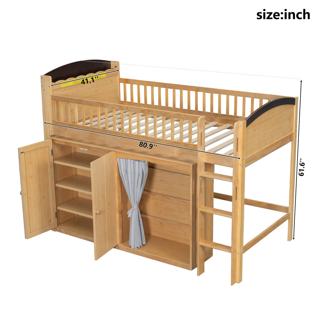 GDF Studio Wood Storage Bed with Wardrobe, LED Headboard, Cabinet & Shelves, Solid Pine Wood Platform Bed