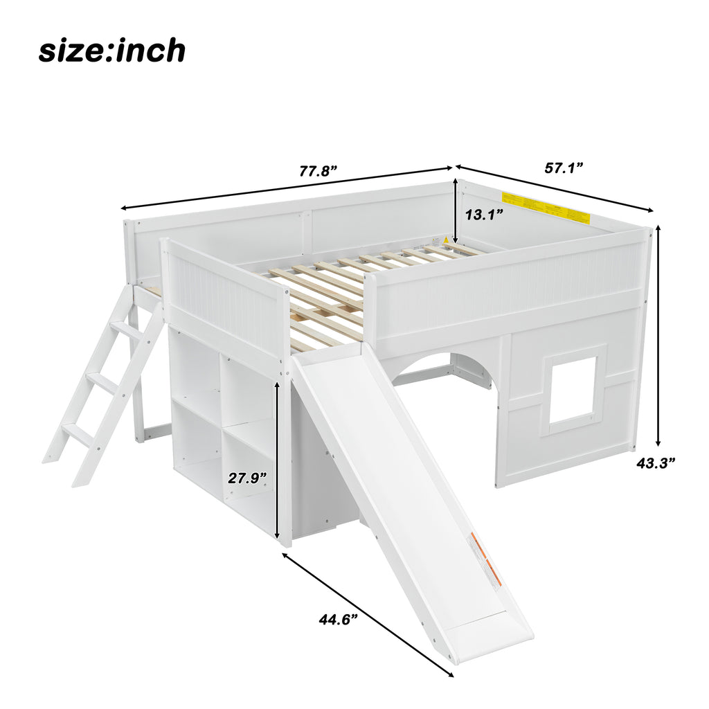 Kids Low Loft Bed with Slide & Storage Shelves, All-in-One Wooden Loft Bed with Underbed Play Fort