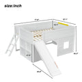 Kids Low Loft Bed with Slide & Storage Shelves, All-in-One Wooden Loft Bed with Underbed Play Fort