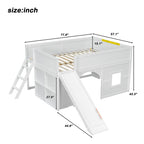 Kids Low Loft Bed with Slide & Storage Shelves, All-in-One Wooden Loft Bed with Underbed Play Fort