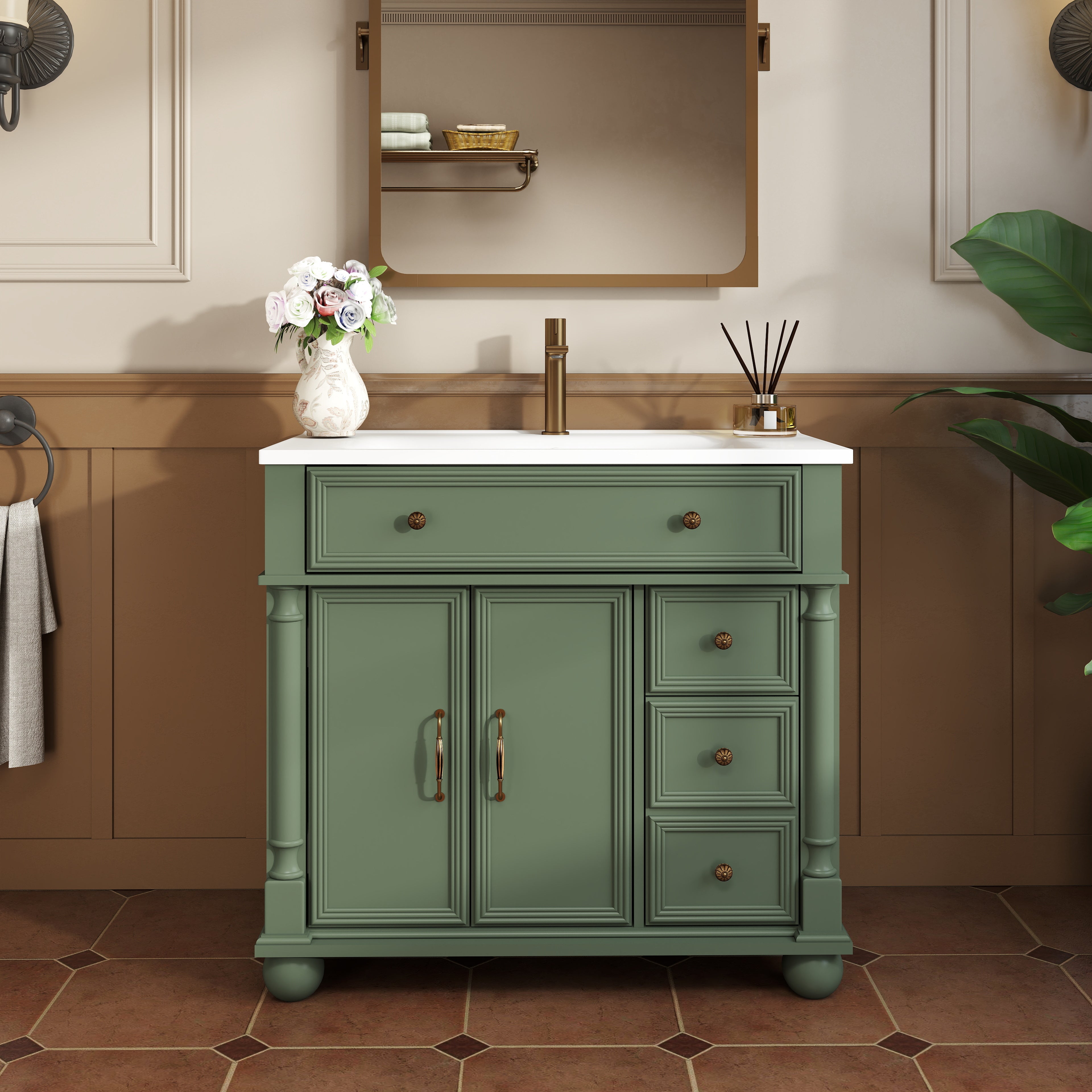 GDFStudio Gunter Mid-Century Wood 35.6" Freestanding Bathroom Vanity with Ceramic Sink, Green