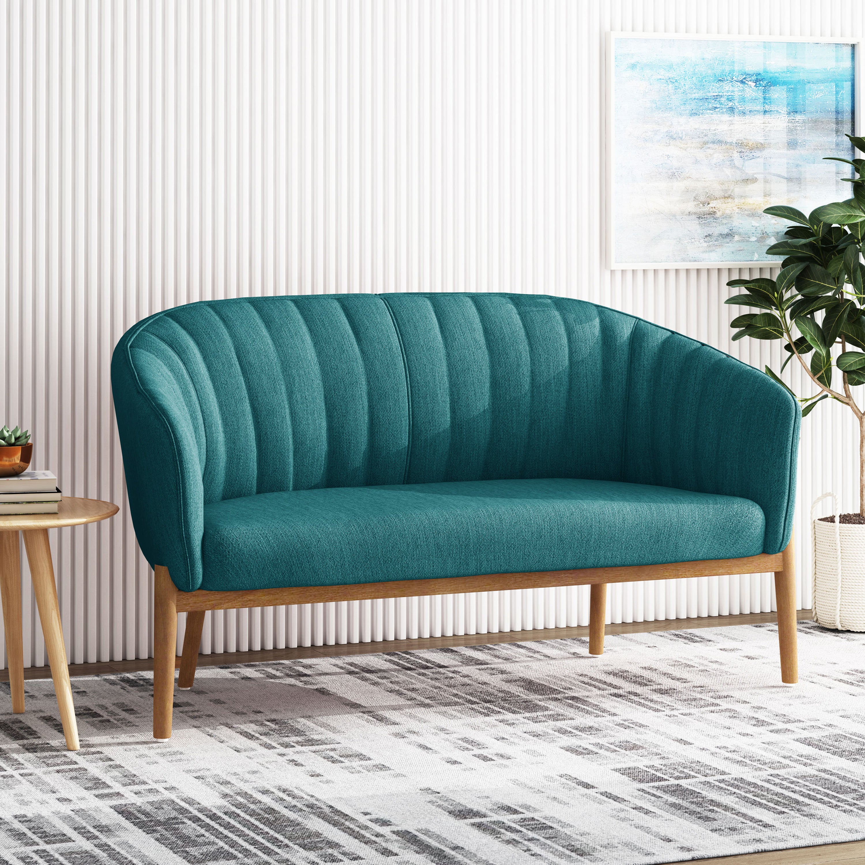 Mid-Century Modern Loveseat with Channel-Stitched Backrest & Rubberwood Legs ¨C Upholstered Small Sofa