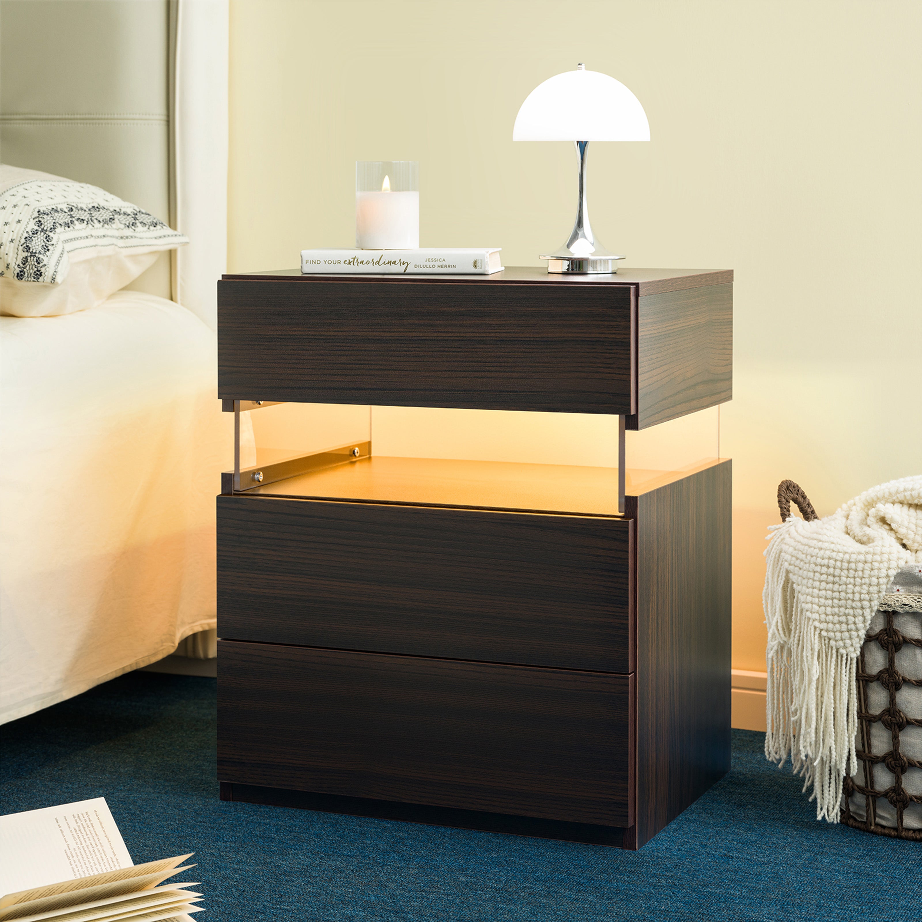 GDFStudio Modern LED Nightstand with 3 Drawers and Acrylic Board, Walnut