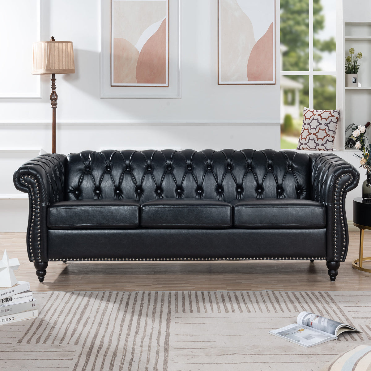 GDFStudio Sophia 84.65'' Chesterfield 3-Seater Faux Leather Upholstered Tufted Sofa with Rolled Arm, Black