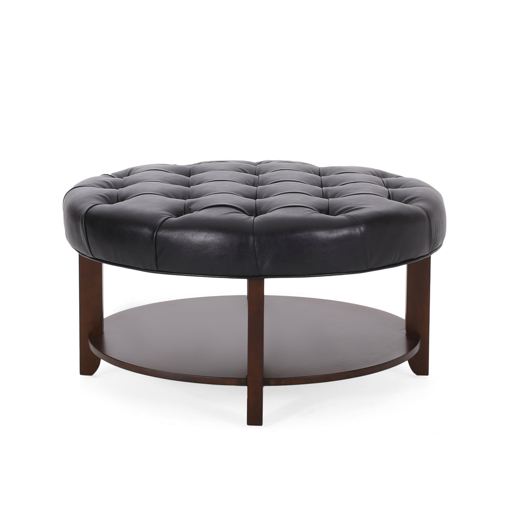 Christopher Knight Home 32" Round Ottoman with Button Tufting & Open Shelf – Modern Coffee Table