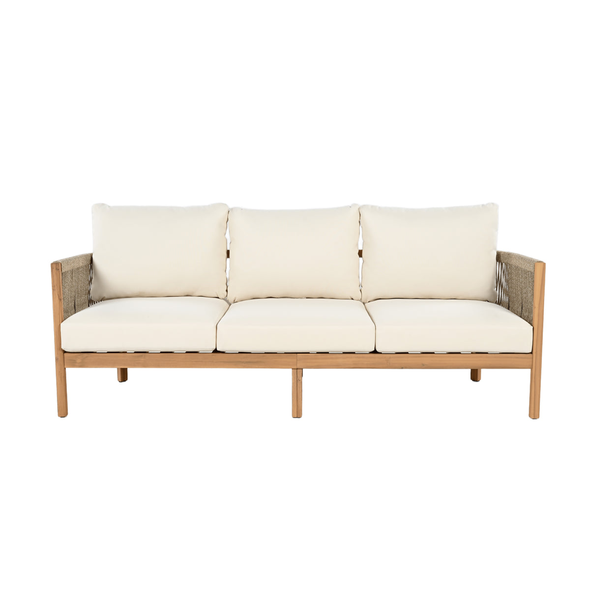 Christopher Knight Home Nathan 77" Patio Rope Weaving Acacia Wood 3 Seater Sofa with Cushion, Teak