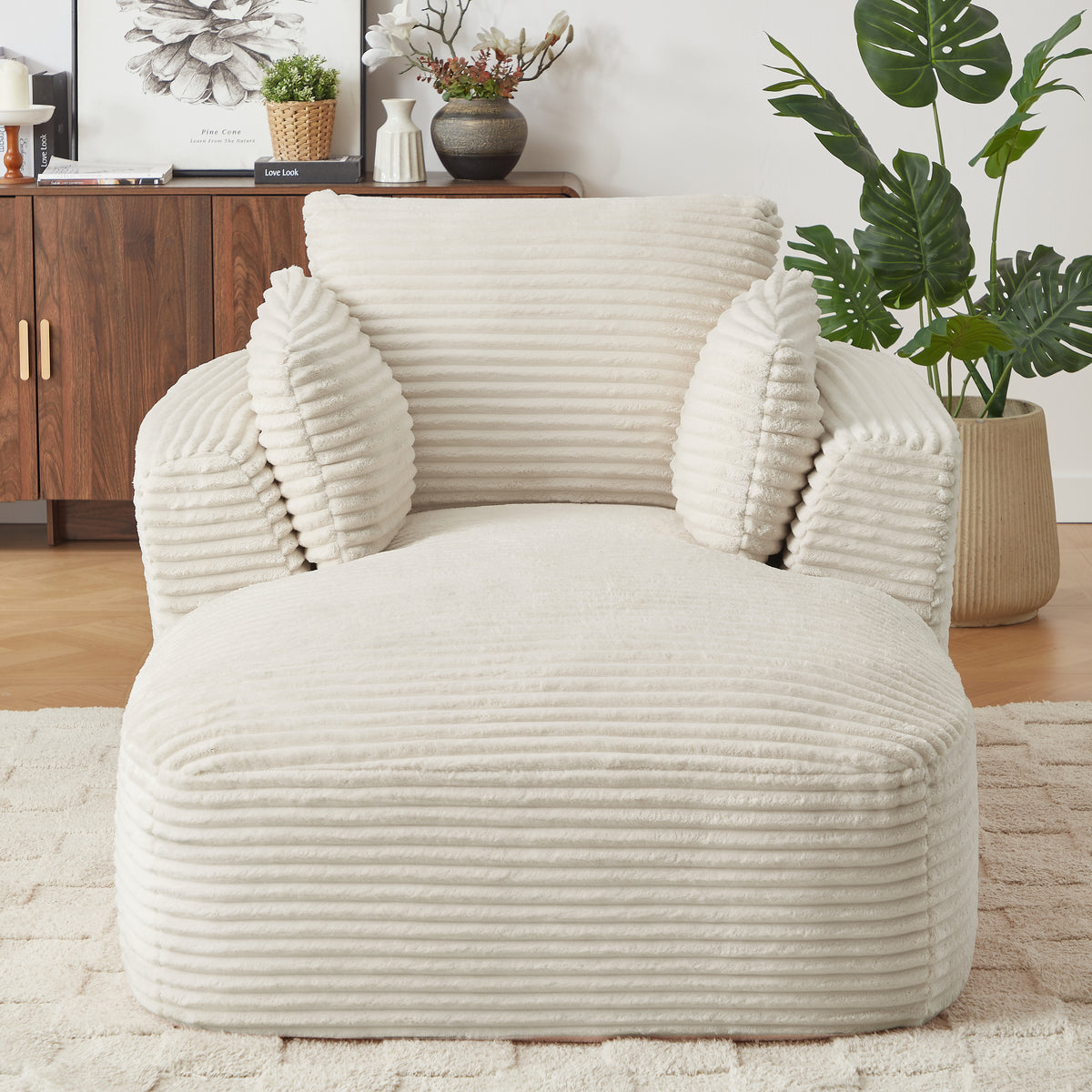 GDFStudio Coosa 45.3 W Corduroy Foam Chaise Lounge with Spring Support, White