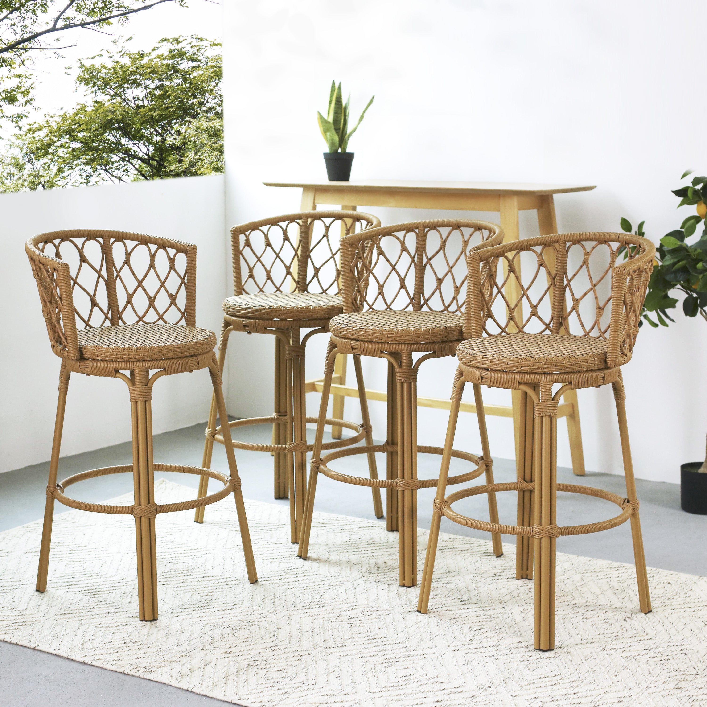 Christopher Knight Home Solstice Outdoor Boho Metal and Ratton Barstools, Brown, Set of 4