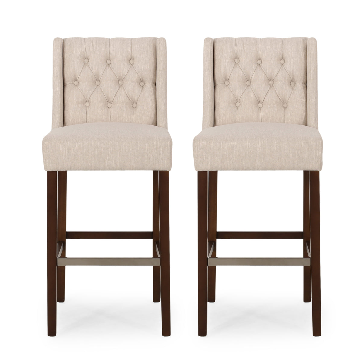 GDFStudio Ylvi Mid-Century Modern Rubberwood Upholstered Tufted Bar Stools (Set of 2), Beige