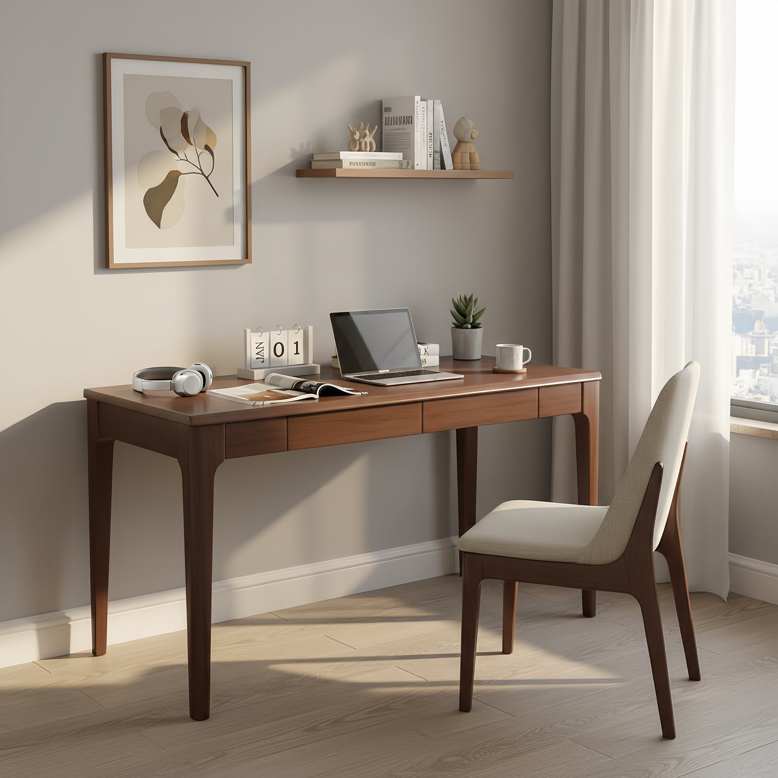 GDFStudio Marlon Mid Century Modern 47" Solid Wood Desk with 2 Drawers, Walnut