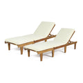 GDFStudio Alisa Outdoor Acacia Wood Armless Adjustable Chaise Lounges with Cushion (Set of 2), White/Teak