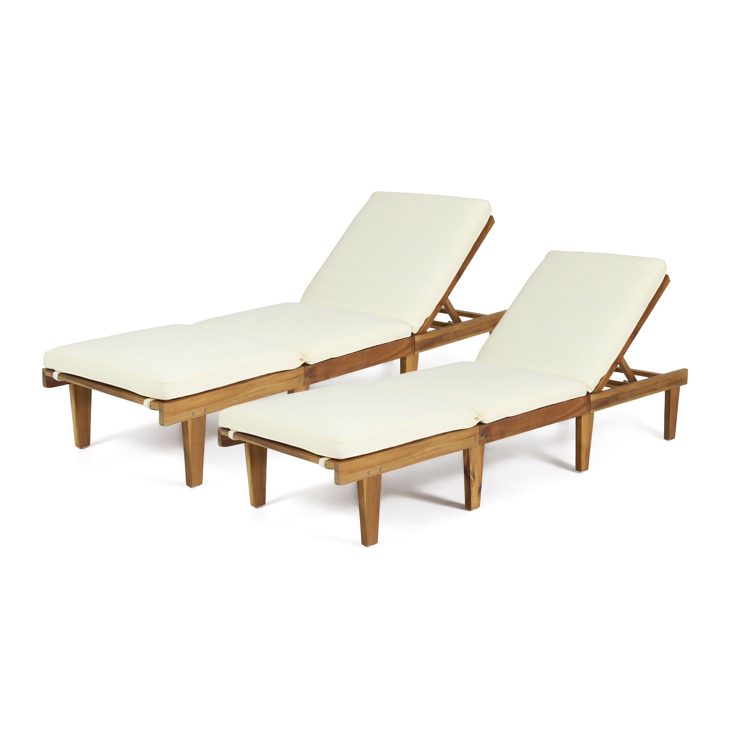 GDFStudio Alisa Outdoor Acacia Wood Armless Adjustable Chaise Lounges with Cushion (Set of 2), White/Teak