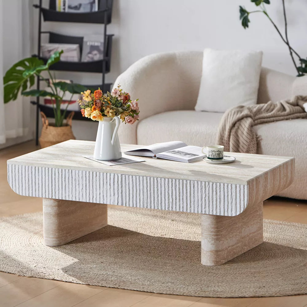 GDFStudio Juno Mid-Century Modern Faux Marble Rectangular Coffee Table with 2 Fluted Drawers, Beige Brown