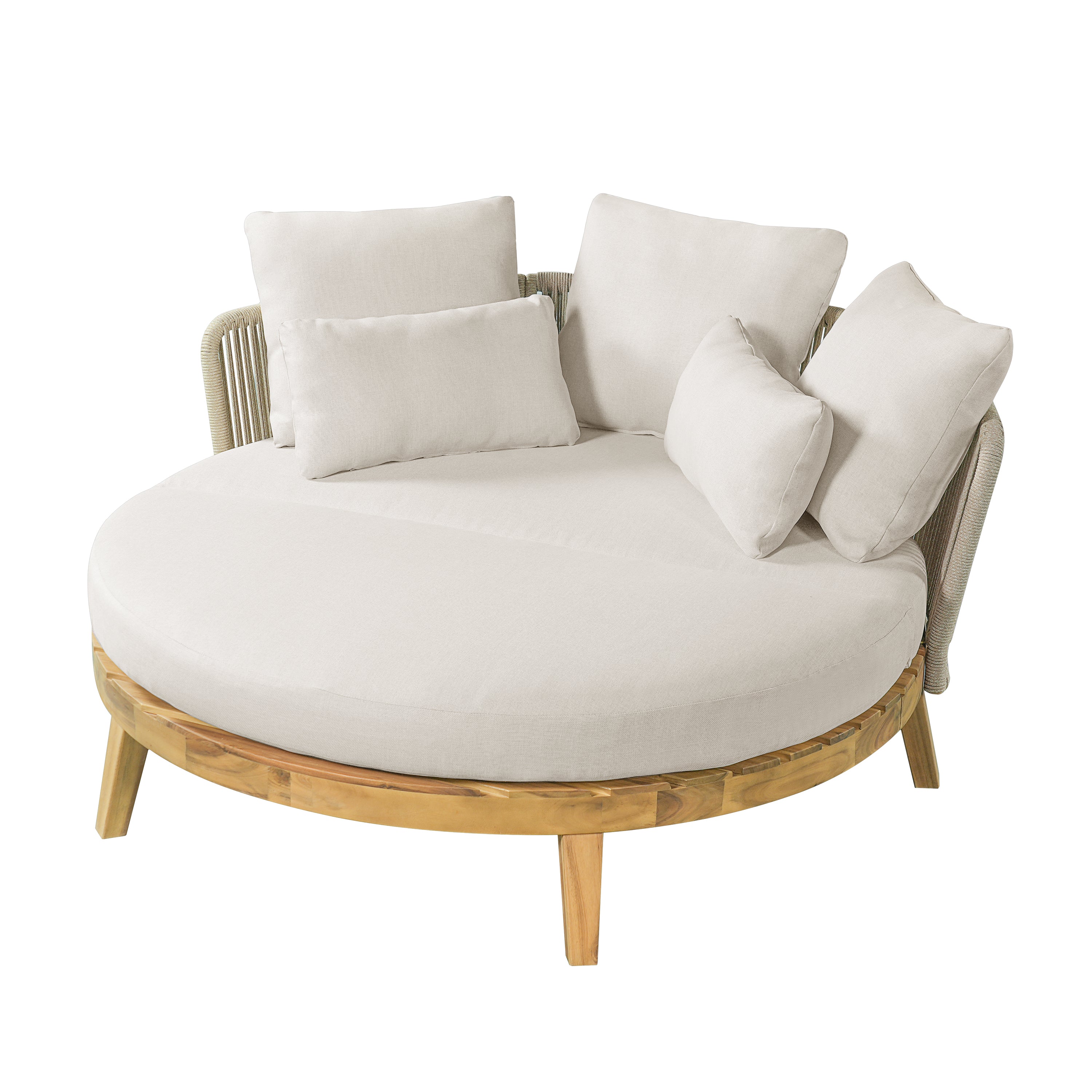 Christopher Knight Home Riya Patio Round Acacia Wood Daybed with Cushion and Rope Woven Backrest, Beige/Teak