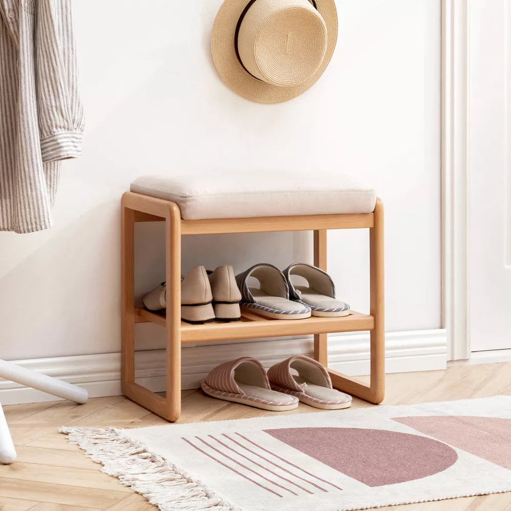 GDFStudio Broderick Beech Wood Slatted Shoe Rack, 23.63" W Upholstered Bench, Natural