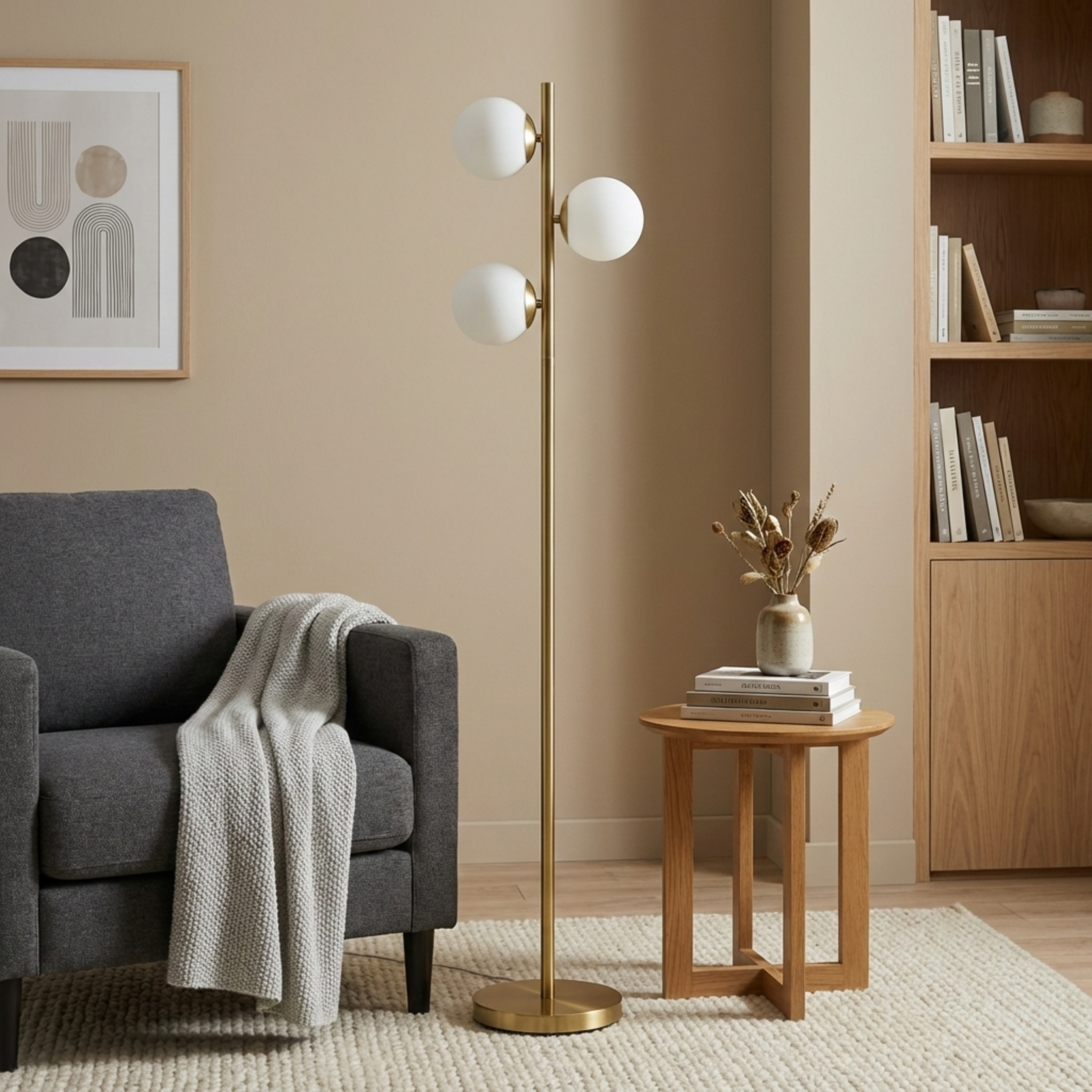 GDFStudio Raman Modern Brass Metal 64" Floor Lamp with Opal Glass Shades, Gold