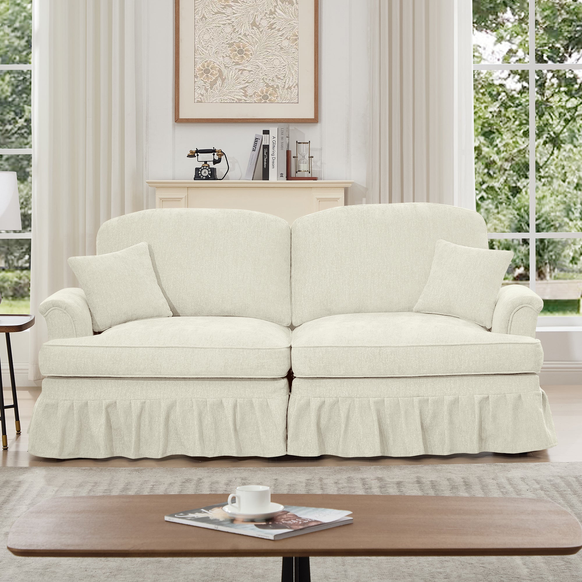 GDFStudio Lorien Modern Chenille Upholstered Sectional Sofas with Removable Ruffles Pleats Skirts and Spindle Legs. Beige