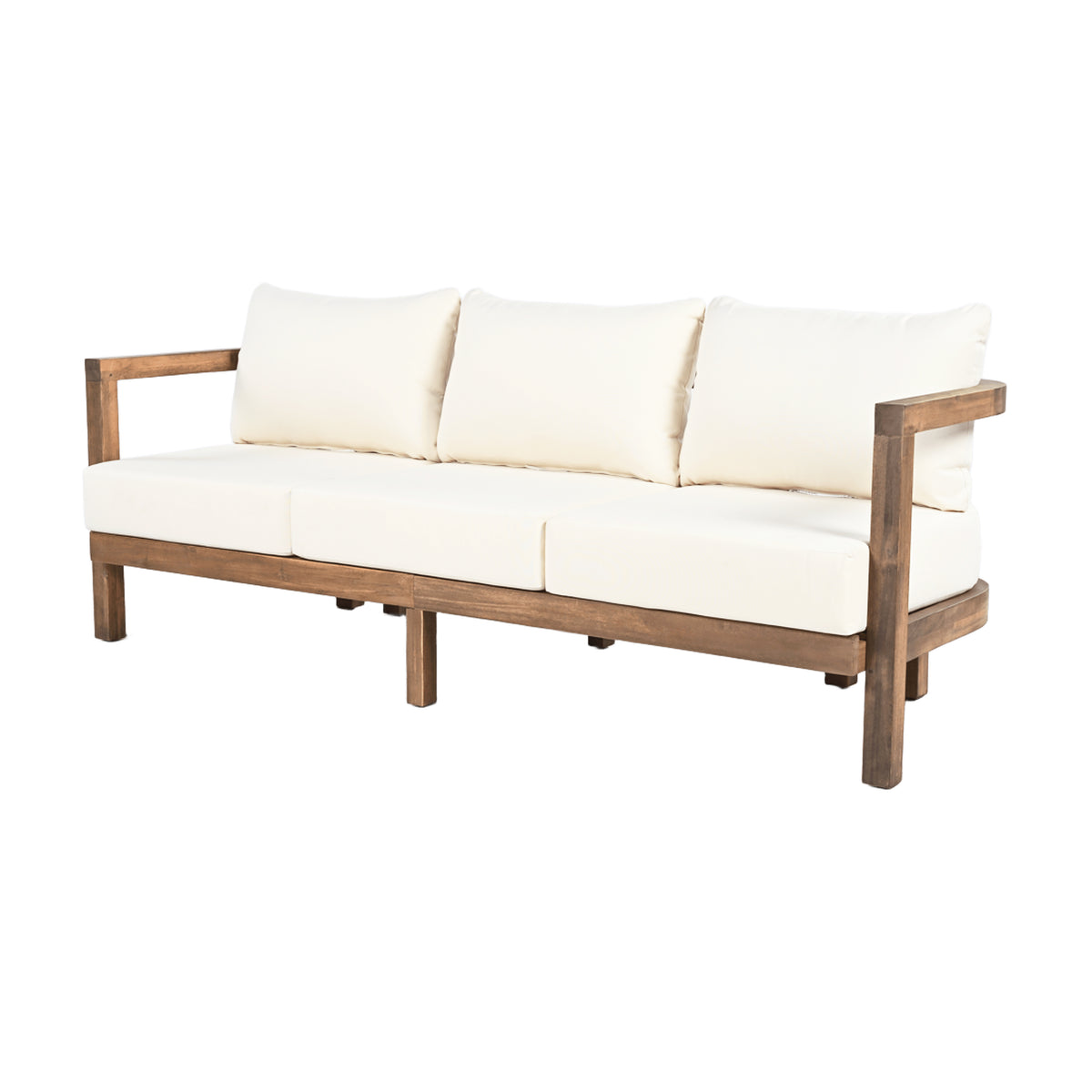 Christopher Knight Home Nicolas 74" Outdoor Slat Design Acacia Wood 3 Seater Sofa with Cushions, Brown/Beige