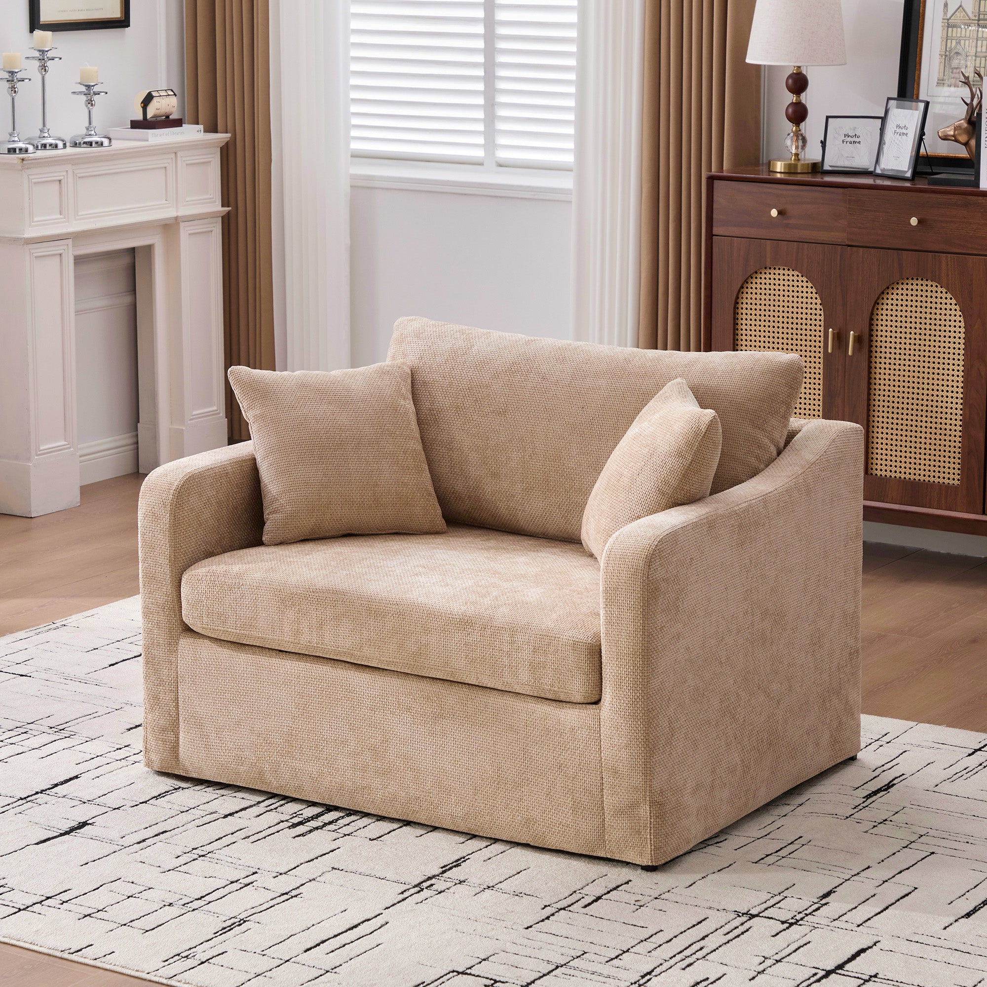 GDFStudio Penman 45.27"W Modern Chenille Upholstered Oversized Accent Chair with Two Bolster Pillows, Wheat