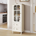 GDFStudio Shurley Modern Glass Door Storage Cabinet with 2 Drawers, Creamy White