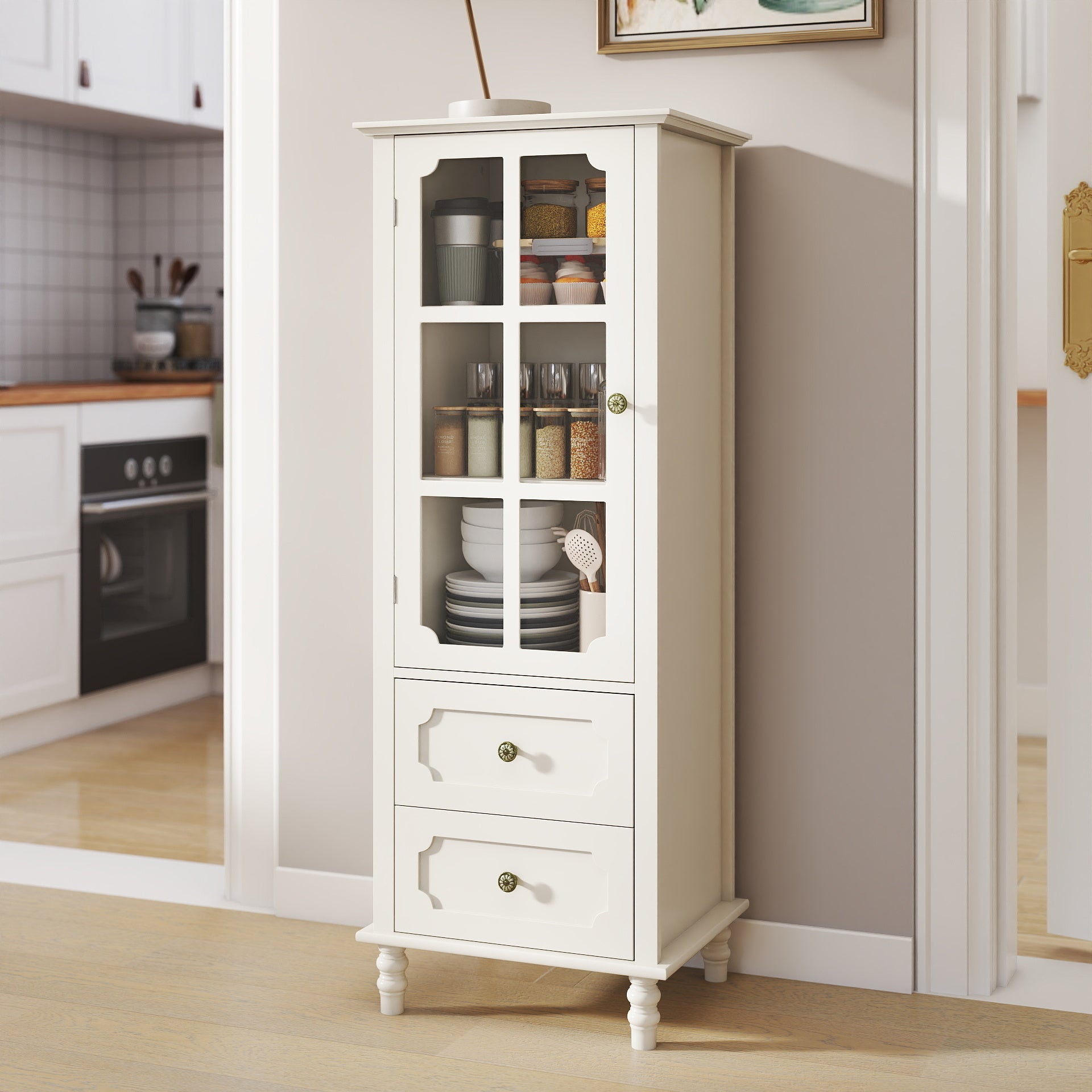 GDFStudio Shurley Modern Glass Door Storage Cabinet with 2 Drawers, Creamy White