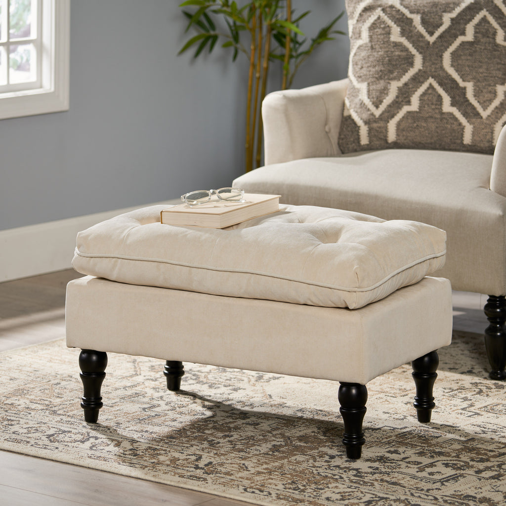Christopher Knight Home Rectangular Tufted Pillow-Top Ottoman with Birchwood Frame & Turned Legs