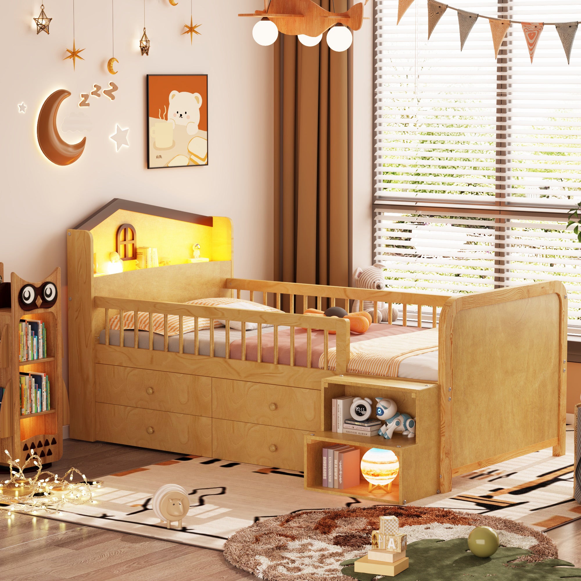 GDFStudio Alcott Modern Pine Wood Twin Size Kids Loft Bed with LED Lights and Storage Drawers, Natural