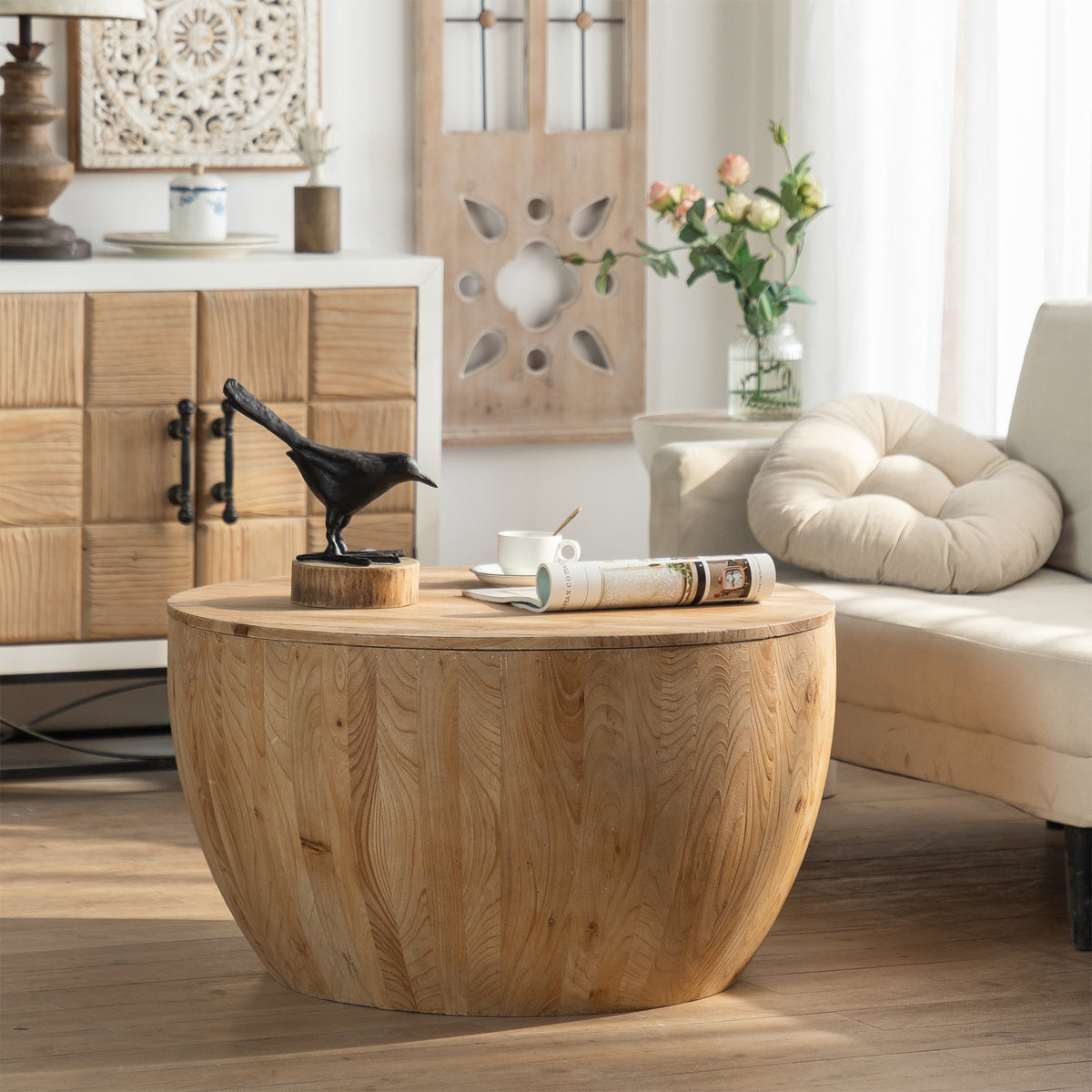 GDFStudio Rivera Farmhouse Fir Wood Bucket Shaped Storage Coffee Table with Lift Top, Natural
