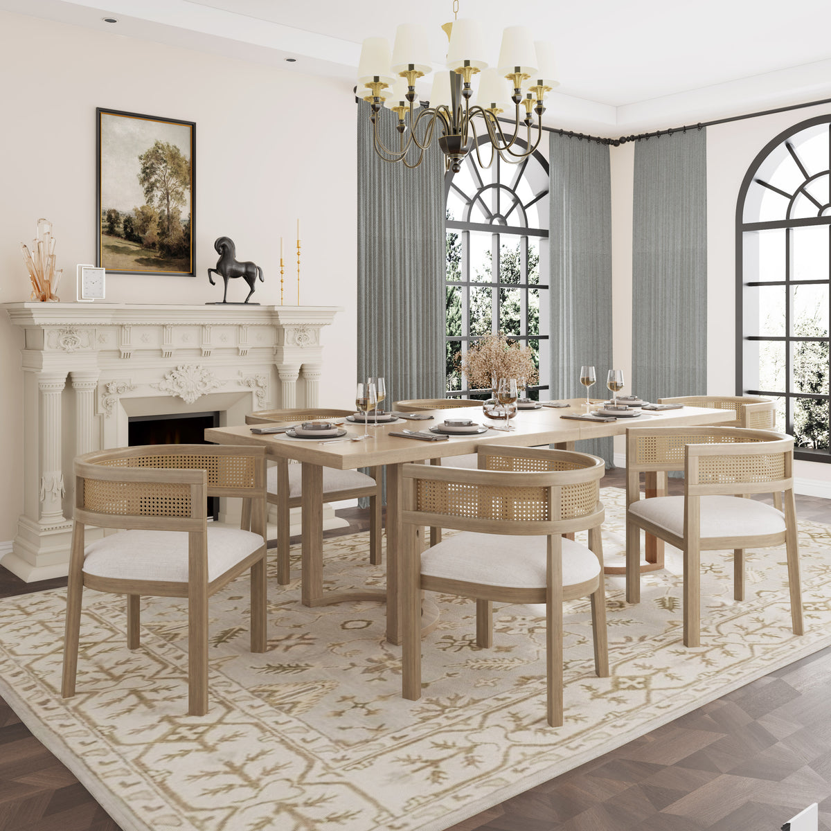 Christopher Knight Home Lythor 7 Piece Cane and Rubberwood Upholstered Dining Set, Light Ash/Beige
