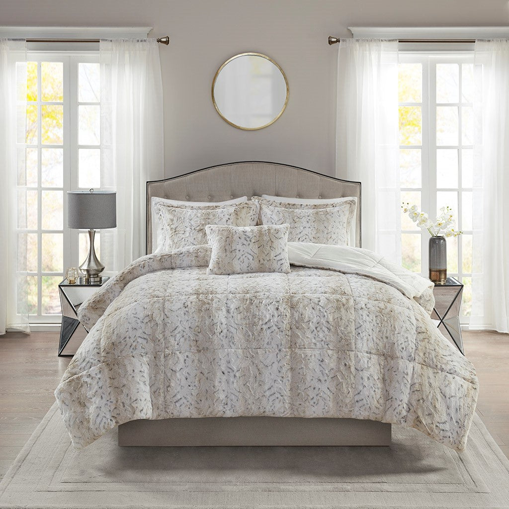 GDFStudio Brittany 4 Piece Faux Fur Comforter Bedding Set?Beige/Brown?King