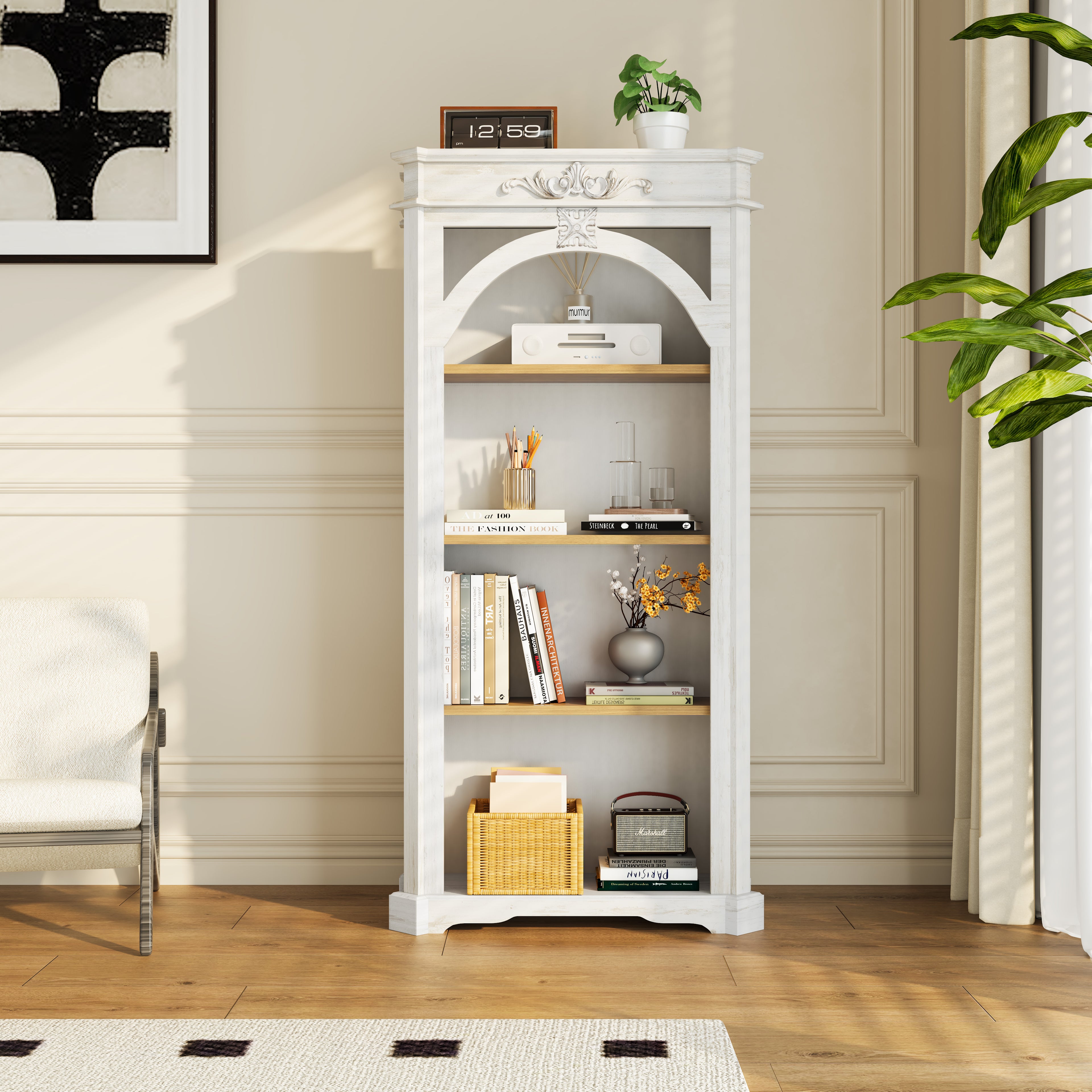 GDFStudio Cora 31.3'' Antique Wooden 4-Tiers Bookshelf, Vintage White