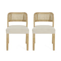 Christopher Knight Home Meera Farmhouse Rubberwood Upholstered Dining Chairs with Curved Natural Rattan Cane Back (Set of 2), Beige/Natural