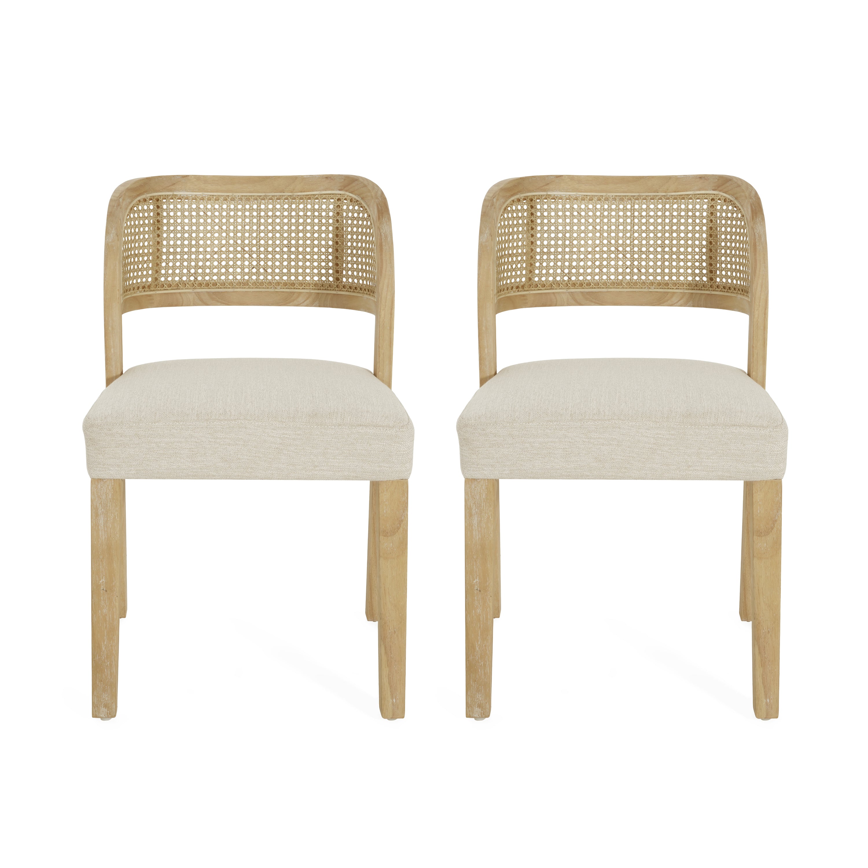 Christopher Knight Home Meera Farmhouse Rubberwood Upholstered Dining Chairs with Curved Natural Rattan Cane Back (Set of 2), Beige/Natural