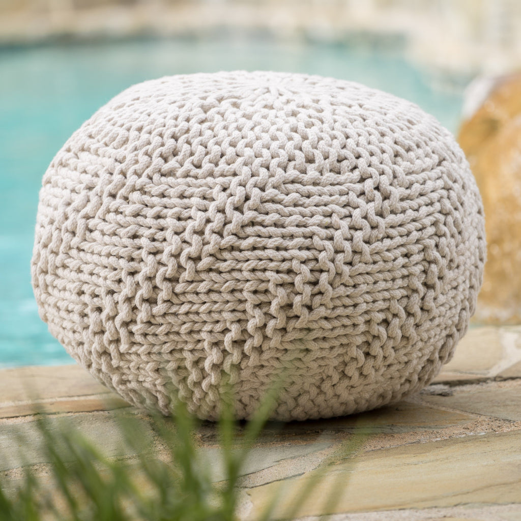 GDF Studio Ashbury Outdoor Boho Round Hand-Crafted Knitted Ottoman Pouf